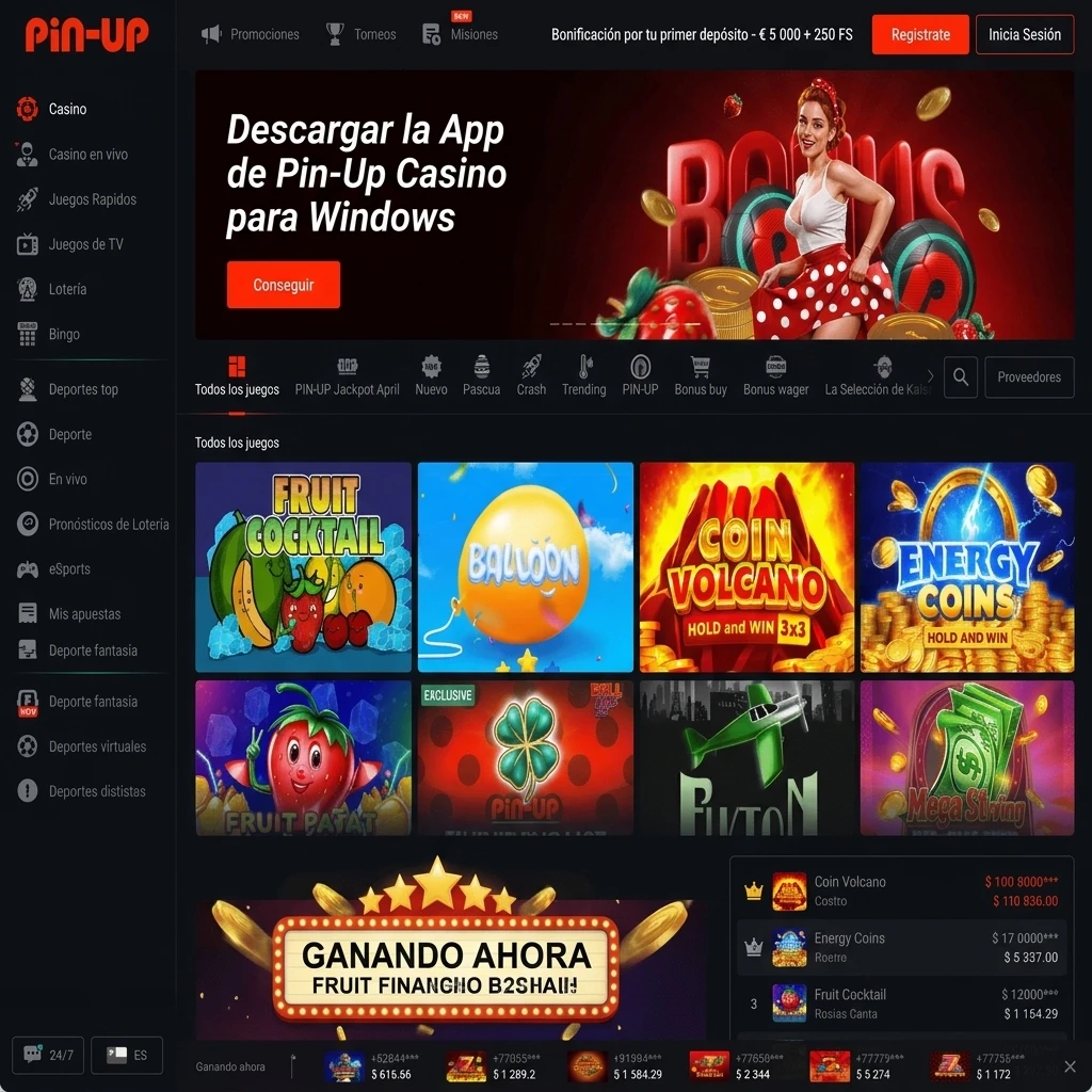 Interfaz de Pin-Up Casino en navegador Windows con acceso a juegos y apuestas deportivas para Chile